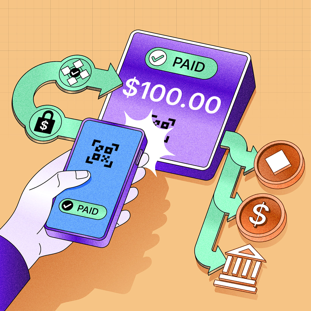 Illustration of a hand scanning a QR code to complete a paid crypto transaction